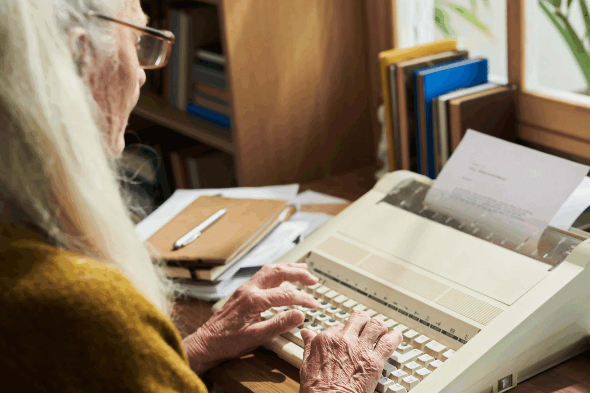 Senior woman typing on a vintage typewriter at a desk